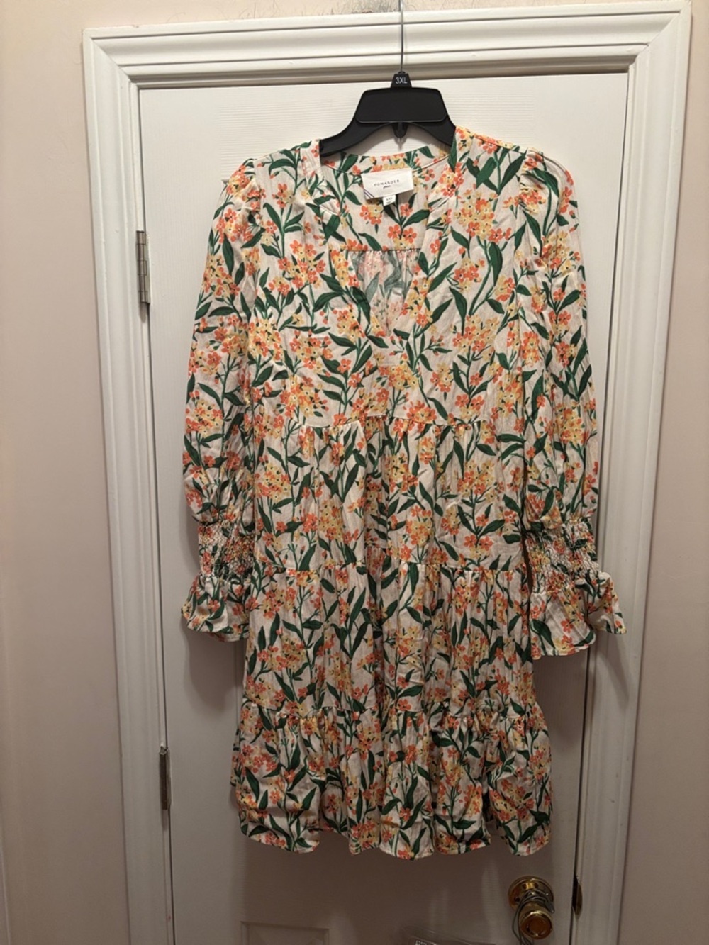 Pomander Place Cream Dress with Green Leaves & Orange Floral Print